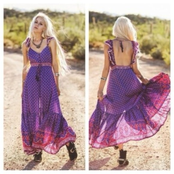 Incredibly Rare Spell Sunset Road Frill Purple and Red Maxi Dress - Picture 1 of 7